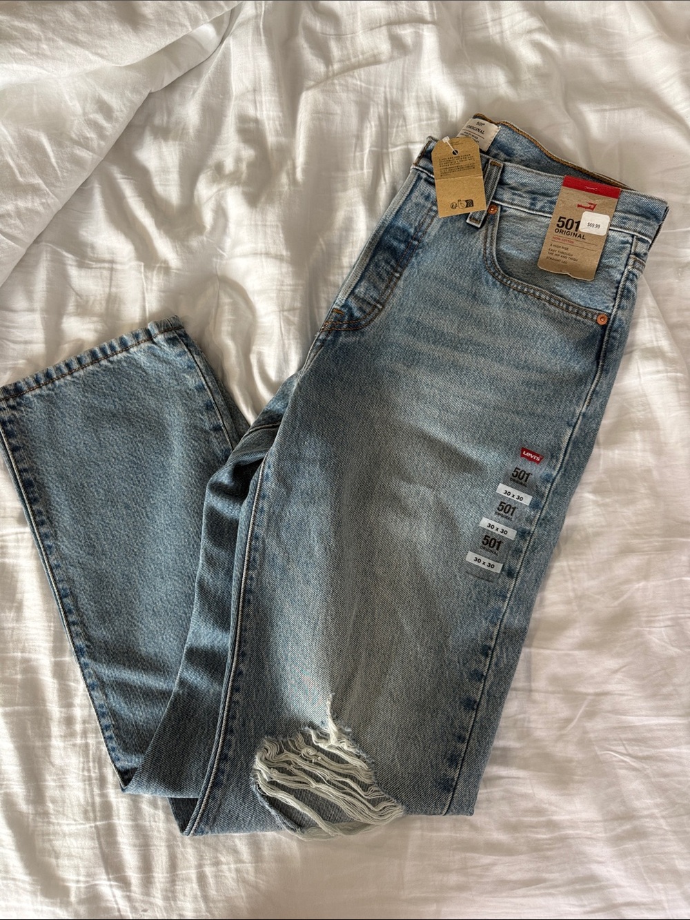 Levi's light blue distressed 501 straight jeans button fly 30x30 new! Womens 10